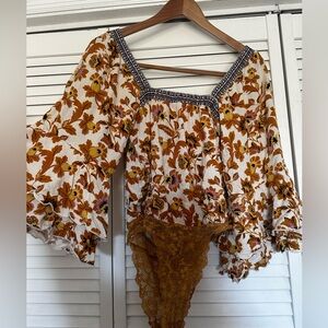 Free People Mustard Floral Blouse Onesie